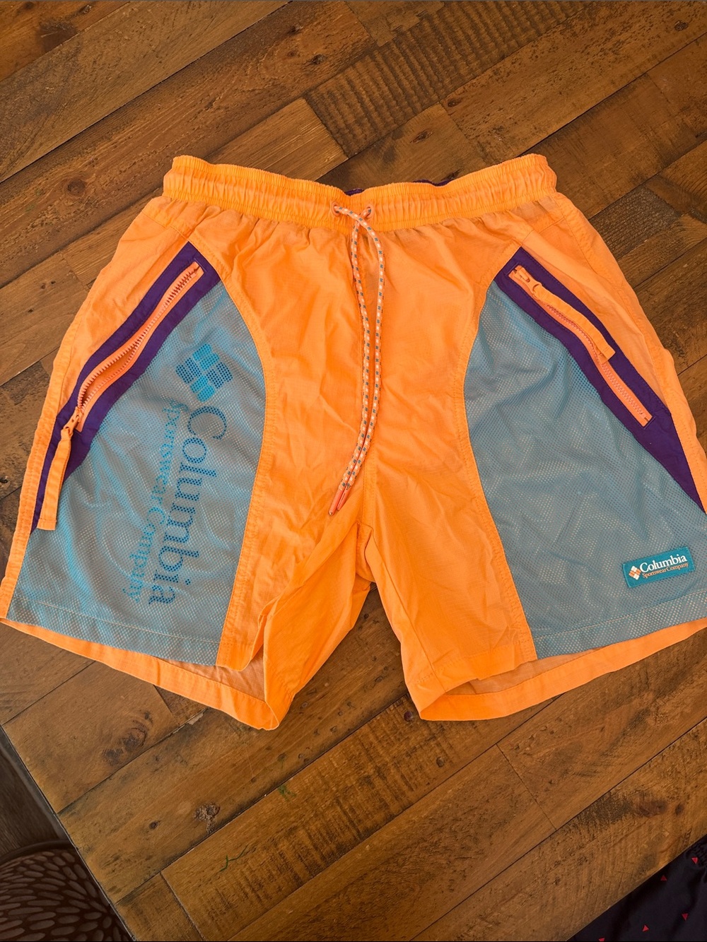 Columbia Orange Swim Shorts with Light Blue Mesh and Purple Trim